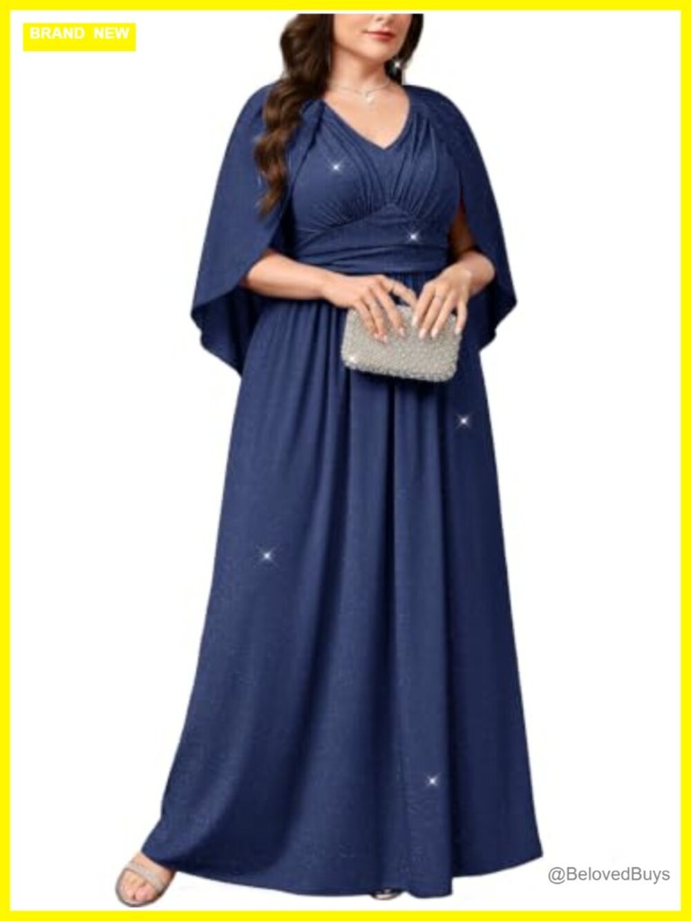 Plus Size Formal Maxi Dress Cape Sleeve V Neck Ruched Waist A-Line Gown
